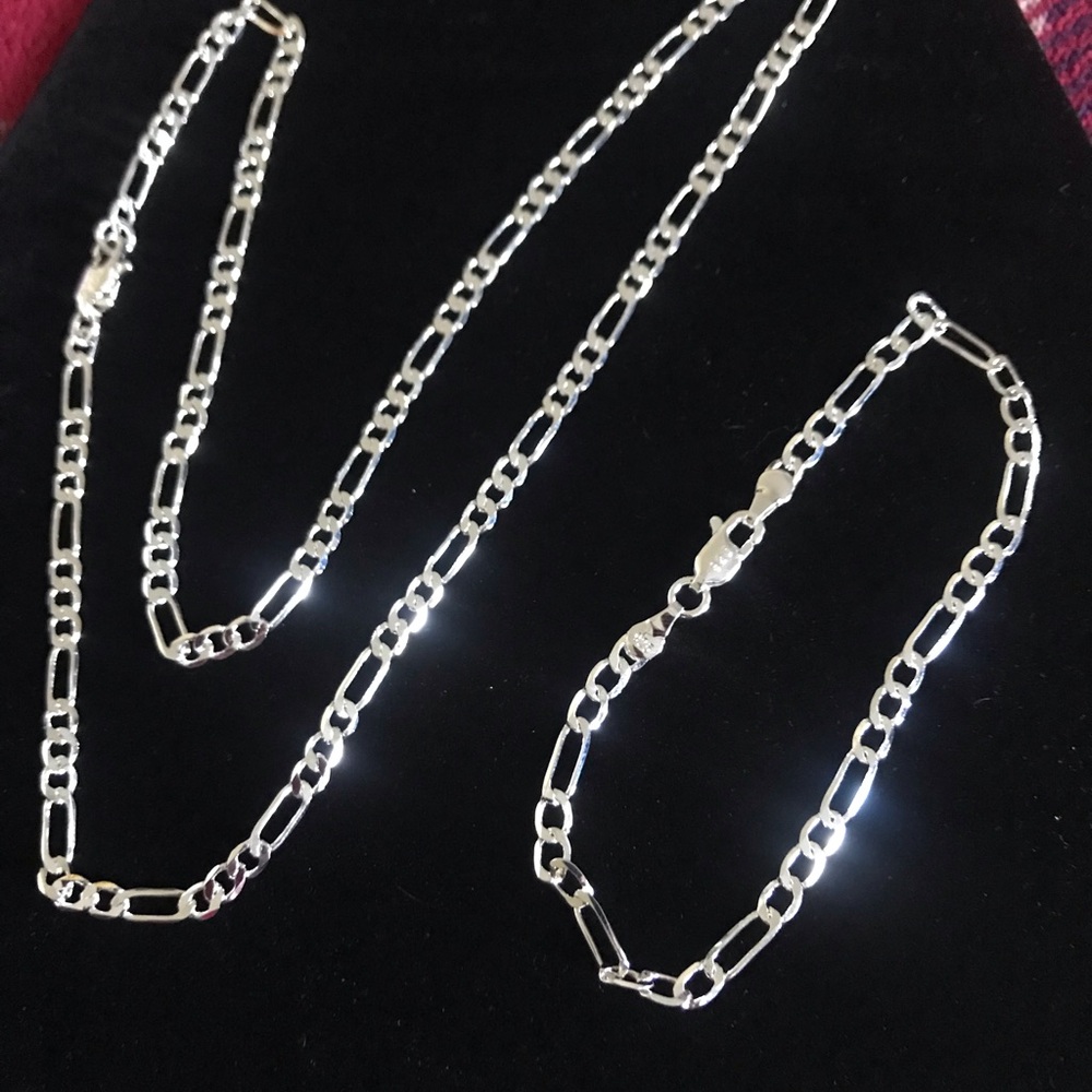 Sterling Silver Figaro Chain Necklace and Bracelet Set